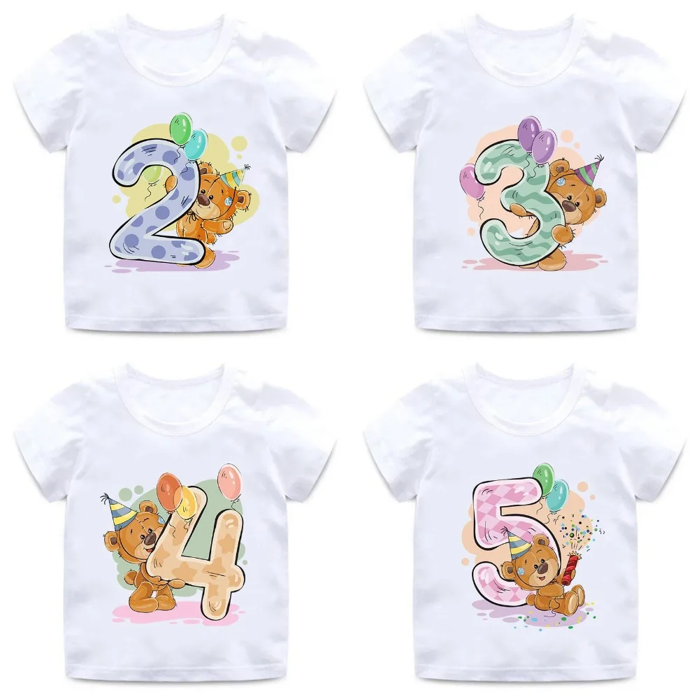 

Boys/Girls Birthday Bear Number 1-9 Bow Print T shirt Baby Cartoon Winnie Funny T-shirt Kids Birthday Present Clothes