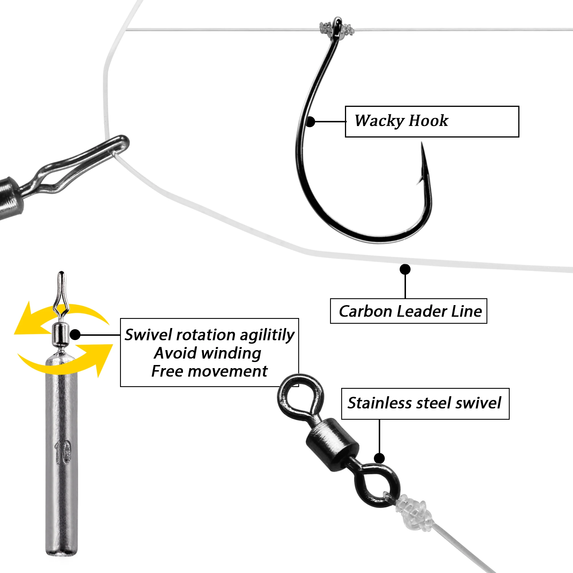 5pcs/lot Texas Rig Set #3 #1 #1/0 #2/0 Drop Shot Hook Carolina rig Kit Bass Fishing Accessories