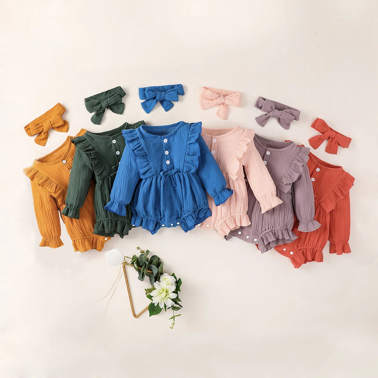 Newborn Baby Girls Clothes Long Sleeve Bowtie Ruffle Bodysuit +Headband Infant Outfits Sets Winter Girl Clothing 3 6 9 12 Months