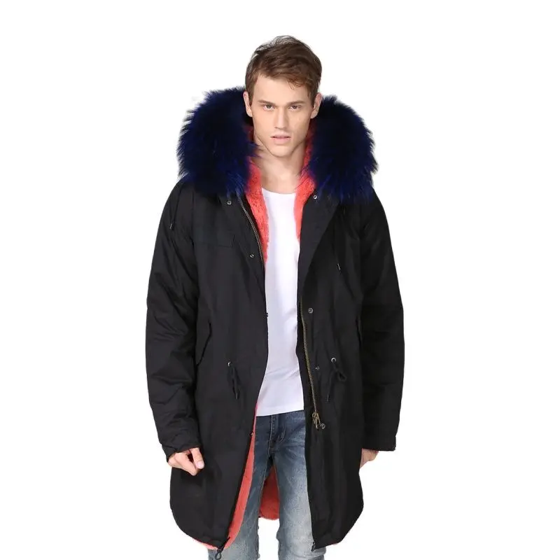 

Mens Winter Warm Parka,Black Raccoon Hoodies With Watermelon Red Thickness Fur Lined Wear