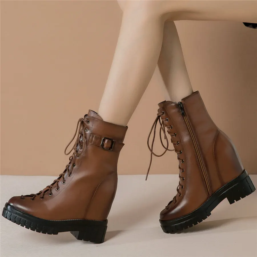 Pumps Shoes Women Lace Up Genuine Leather Wedges High Heel Ankle Boots Female High Top Round Toe Fashion Sneakers Casual Shoes