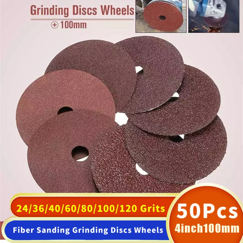 50PCS 100x16mm Fiber Sanding Grinding Discs Wheels 24 to 120 Grit for Angle Grinder Abrasive Disc