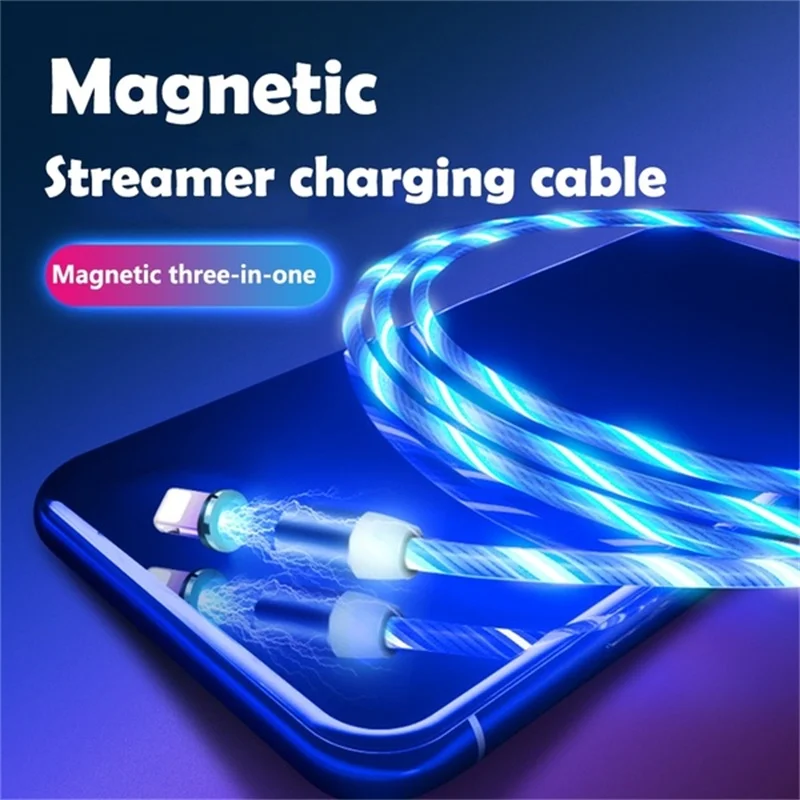 1m Magnetic Flowing Light LED Cable Micro USB Type C Fast Charging Wire Cord For Huawei Samsung Android Phone Charger Cables