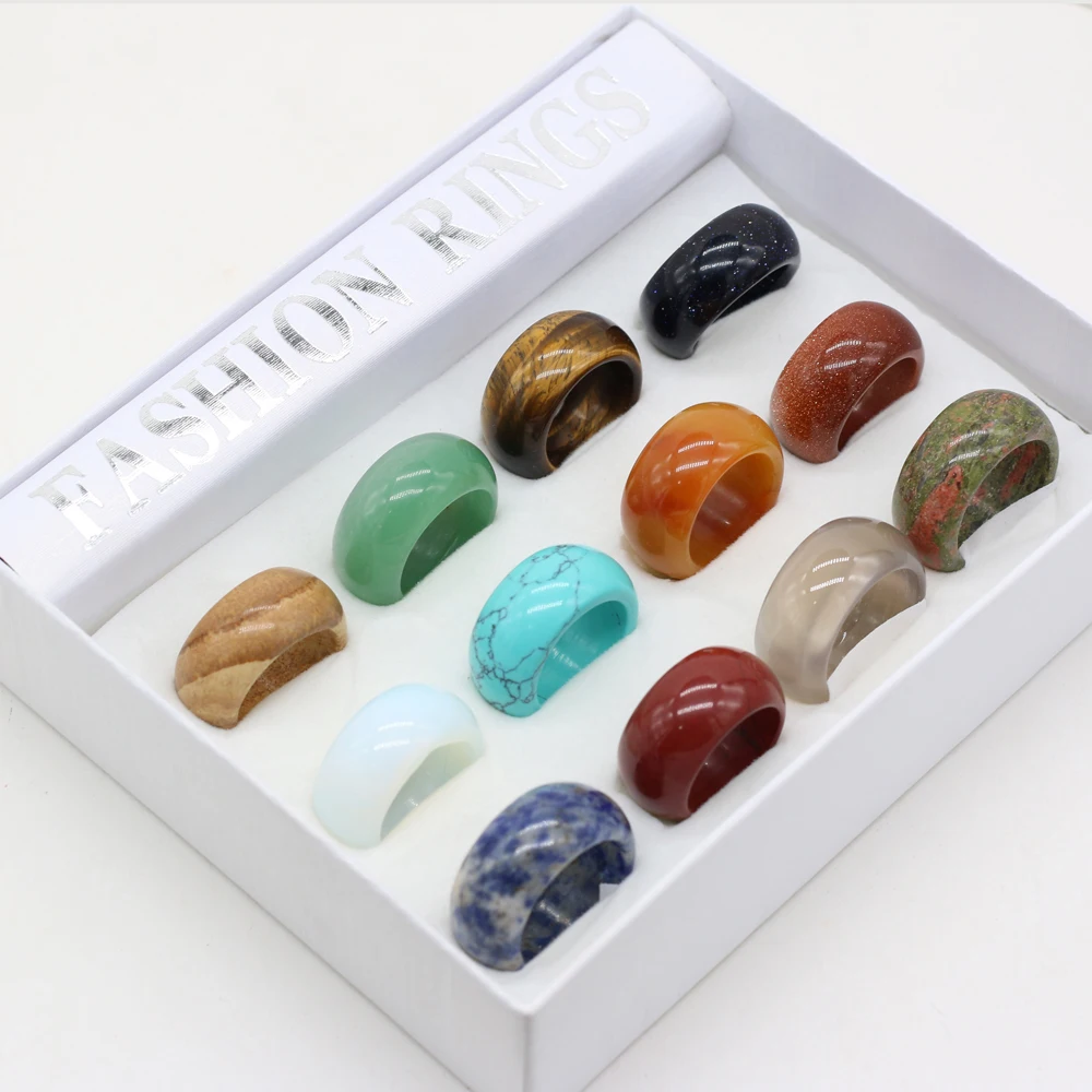 12PCS Natural Semi-precious Stone Mix-color Rings for Making Jewelry Gift for Women Inner Diameter 18mm 20mm