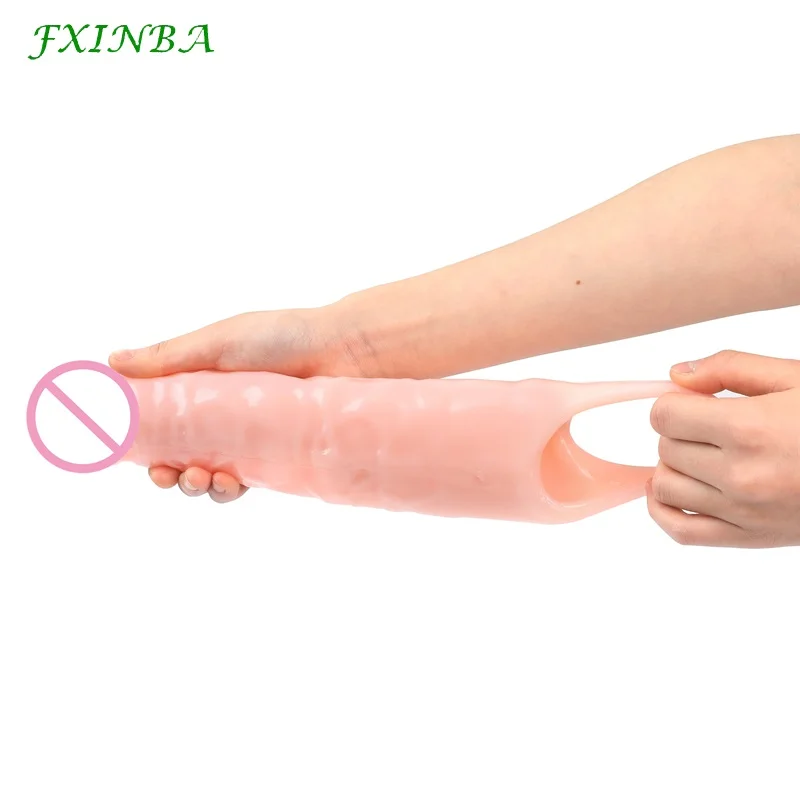 FXINBA New 14-28cm Realistic Penis Extender Sleeve Reusable Condoms Adults Sex Toys For Men Delay Ejaculation Dick Enlargement