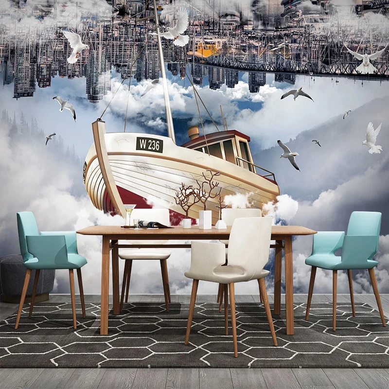 Custom Photo Mural City Building Seagulls Sailboat Clouds Sky Creative 3D Poster Decoration Wall Painting Non-woven Wallpaper