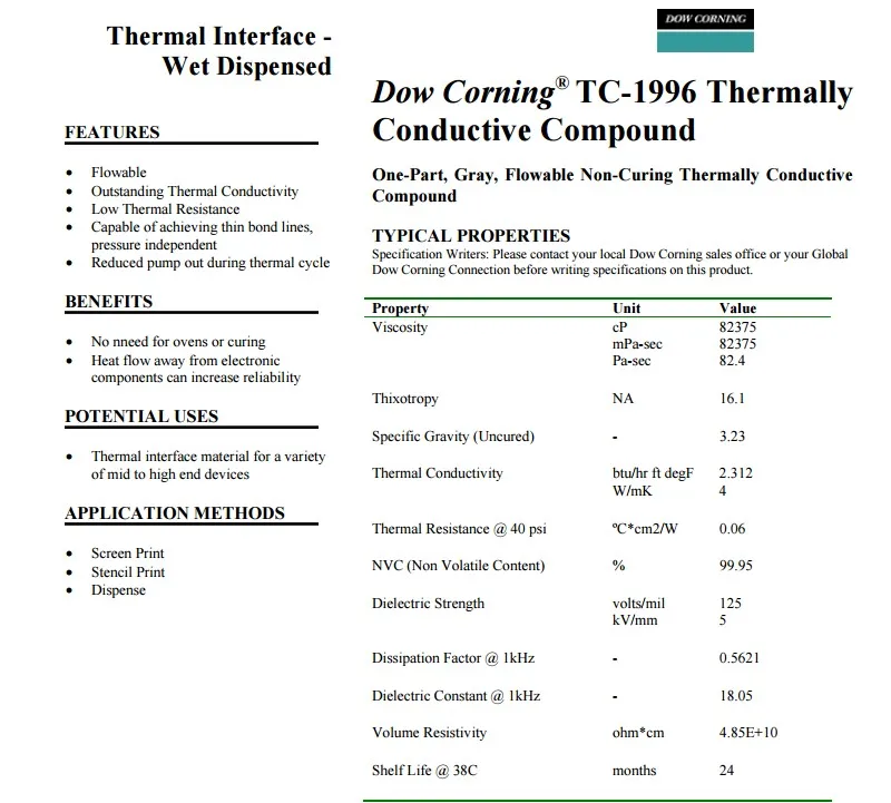 U.S. imports Dow Corning Dow Corning TC1996 thermal conductive silicone grease computer cpu gpu thermal paste silicone