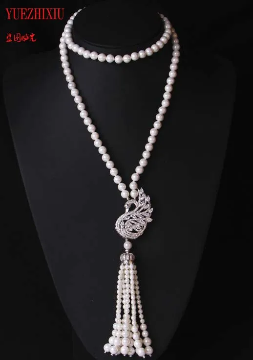 wholesale Gifts 8mm shell pearl necklace Swan Zircon Pendant sweater chain long neck chain 32inch