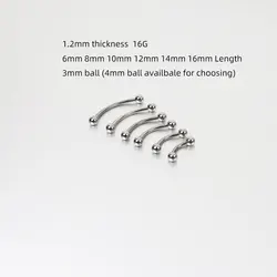 2 Pieces 16G 1.2mm Stainless Steel Eyebrow Ring Body Piercing Jewelry 8mm 16mm Long Curved Barbell