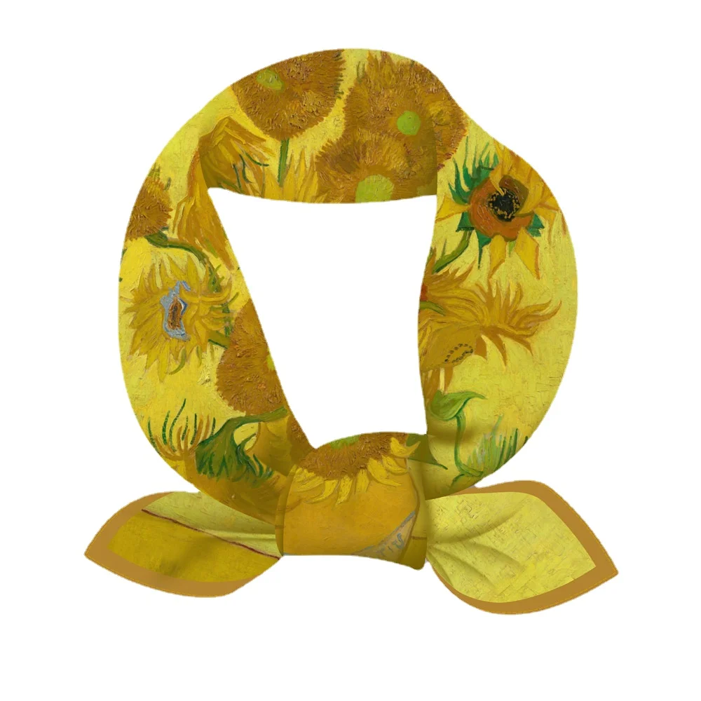 موضة حك وشاح حريري امرأة عباد الشمس طباعة أوشحة مربعة يلتف باندانا حجاب صغير فولاردز التعادل عقال منديل