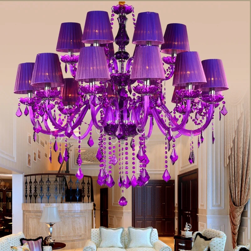 Purple Luxury Crystal Chandelier for Living Room Decor Villa Bedroom Wedding Pendant Light Hotel Restaurant Bar Hanging Lamps