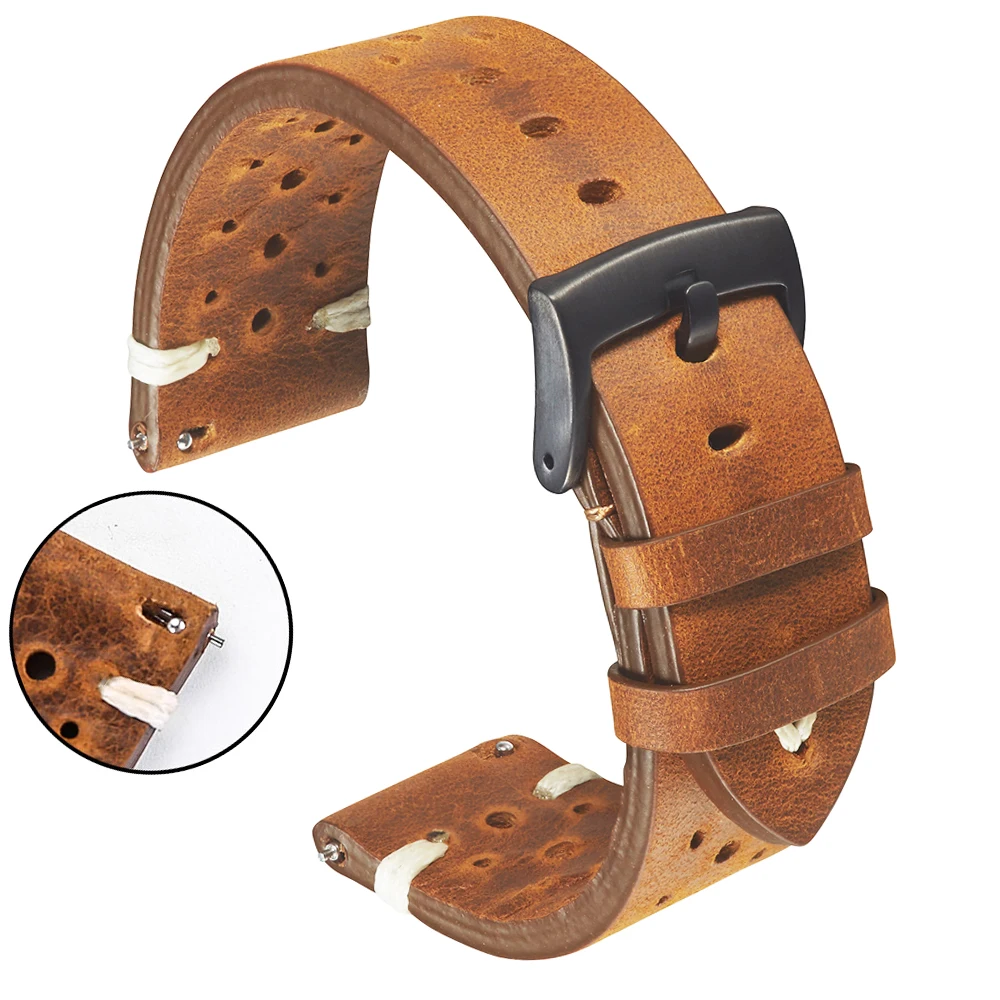 Genuine Leather Watch Band Strap Porous 18mm 20mm 22mm Dark Brown Handmade Oil Wax Leather Watch Strap Quick Release Women Men