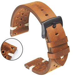 Genuine Leather Watch Band Strap Porous 18mm 20mm 22mm Dark Brown Handmade Oil Wax Leather Watch Strap Quick Release Women Men