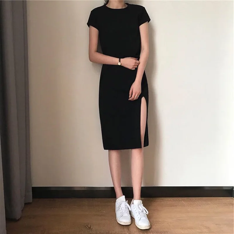 Fashion Summer Women Sexy Black Dress Short Sleeve O-Neck Slim Fit Dresses Side Split Vestidos Office Lady Elegant Casual Dress