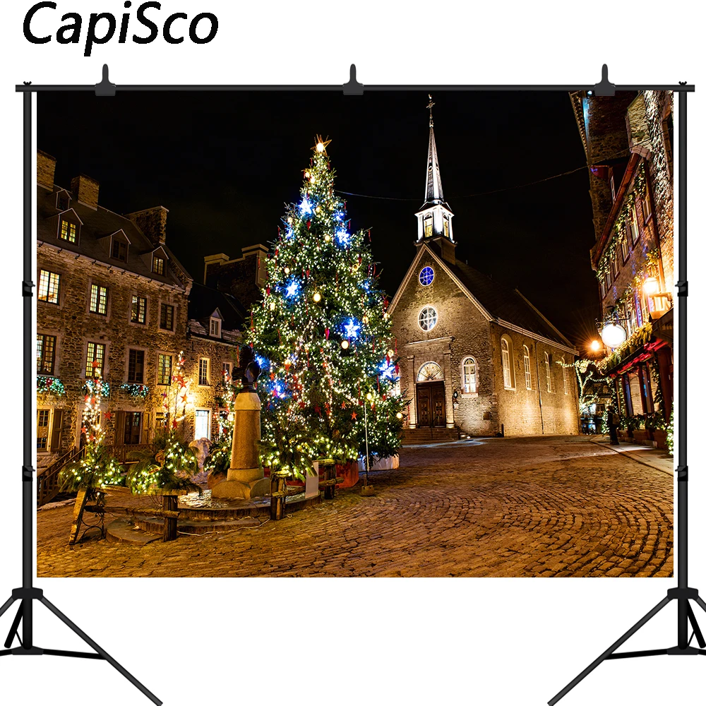 Capisco Photography Background Old Town Street Christmas Tree Stars Wreath Church New Year Scenic Photo Backdrop Studio Props