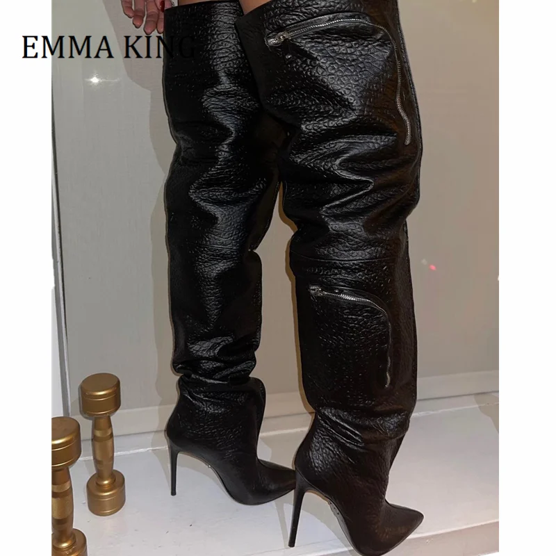 

2021 Women Slouchy Loose Long Boots Sexy Pointed Toe Stiletto Heel Over-sized Pocket Thigh High Boots Winter Women Botas Mujer