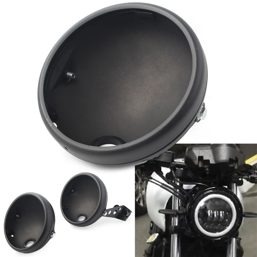 1Pcs Motorcycle Matte Black Headlight 7-Inch Retro LED Headlight Shell Cover Guard w/ Bracket For Harley Models