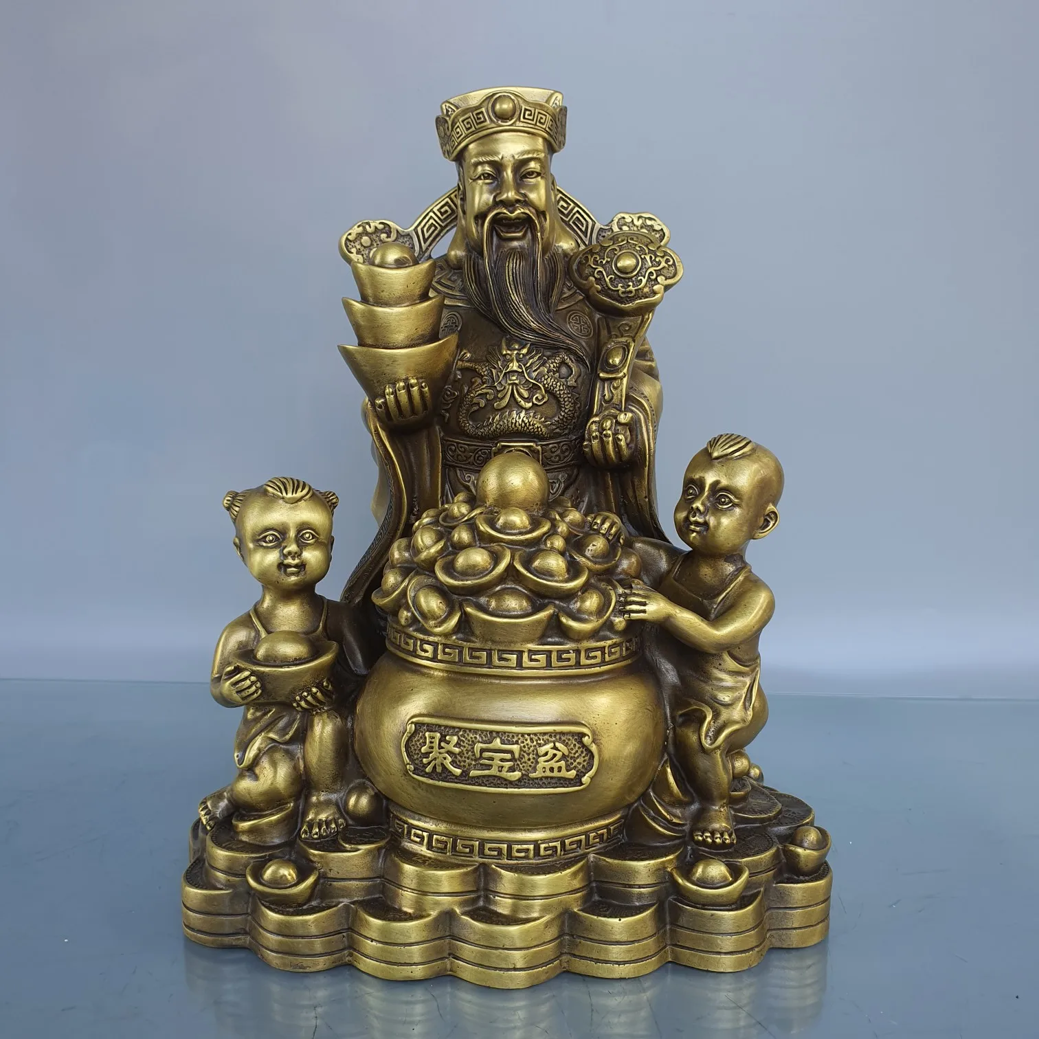 

11"Tibetan Temple Collection Old Brass God of Wealth Statue treasure bowl Boy Send Wealth Lucky fortune Ornaments Town House