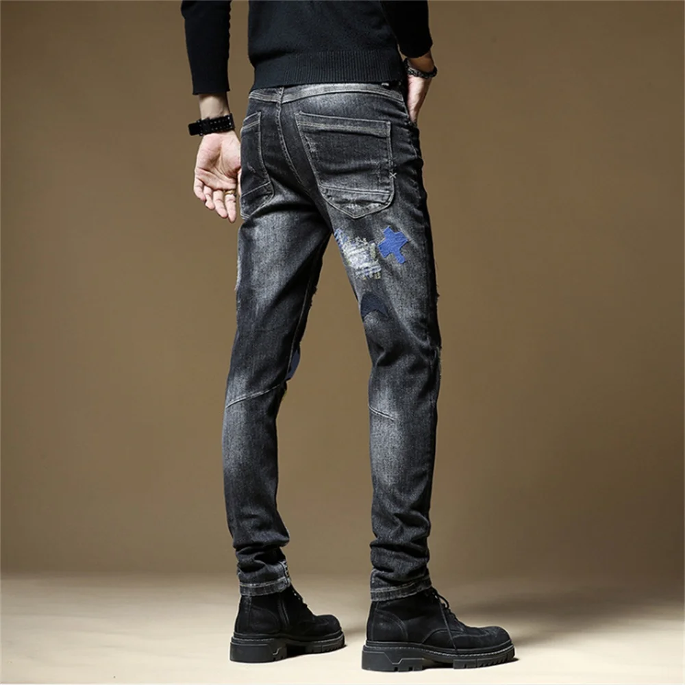 EH·MD® Hole Ripped Jeans Men's Season Five-Pointed Star Embroidery Splashed Ink Soft Casual Slim Cotton Elastic Pants Scratched