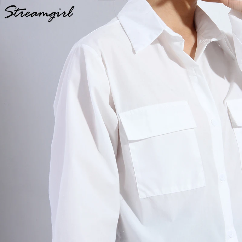 White Shirt For Women Oversize 2022 Black Loose Tunics Cotton Fashion Woman Blouses 2022 Women\'s Oversized Shirt With Pocket