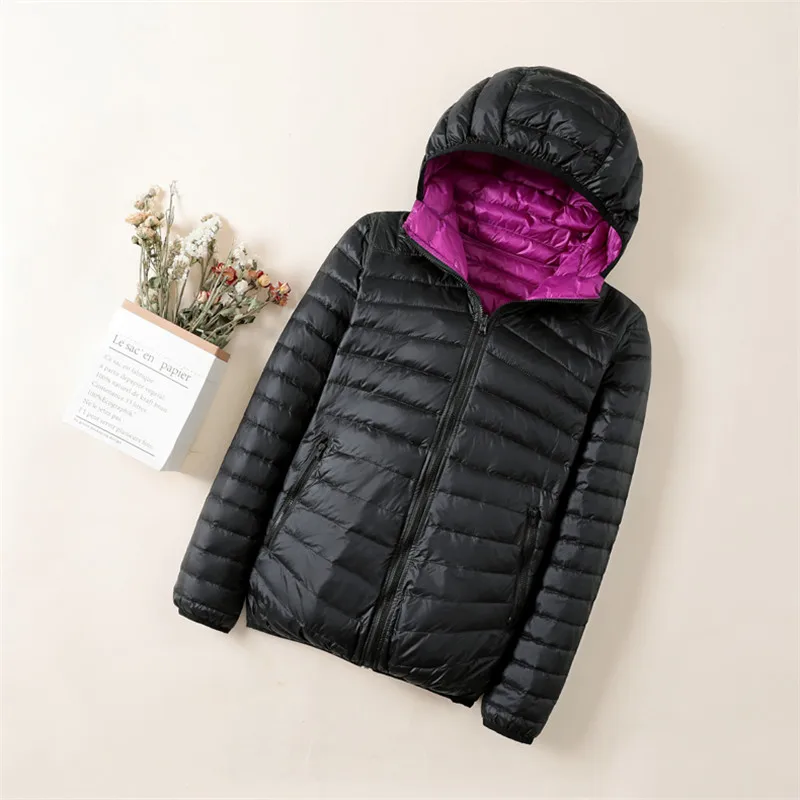 Sanishroly 7XL Autumn Winter Reversible Down Coat Women Ultra Light White Duck Down Jacket Short Female Hooded Puffer Outwears