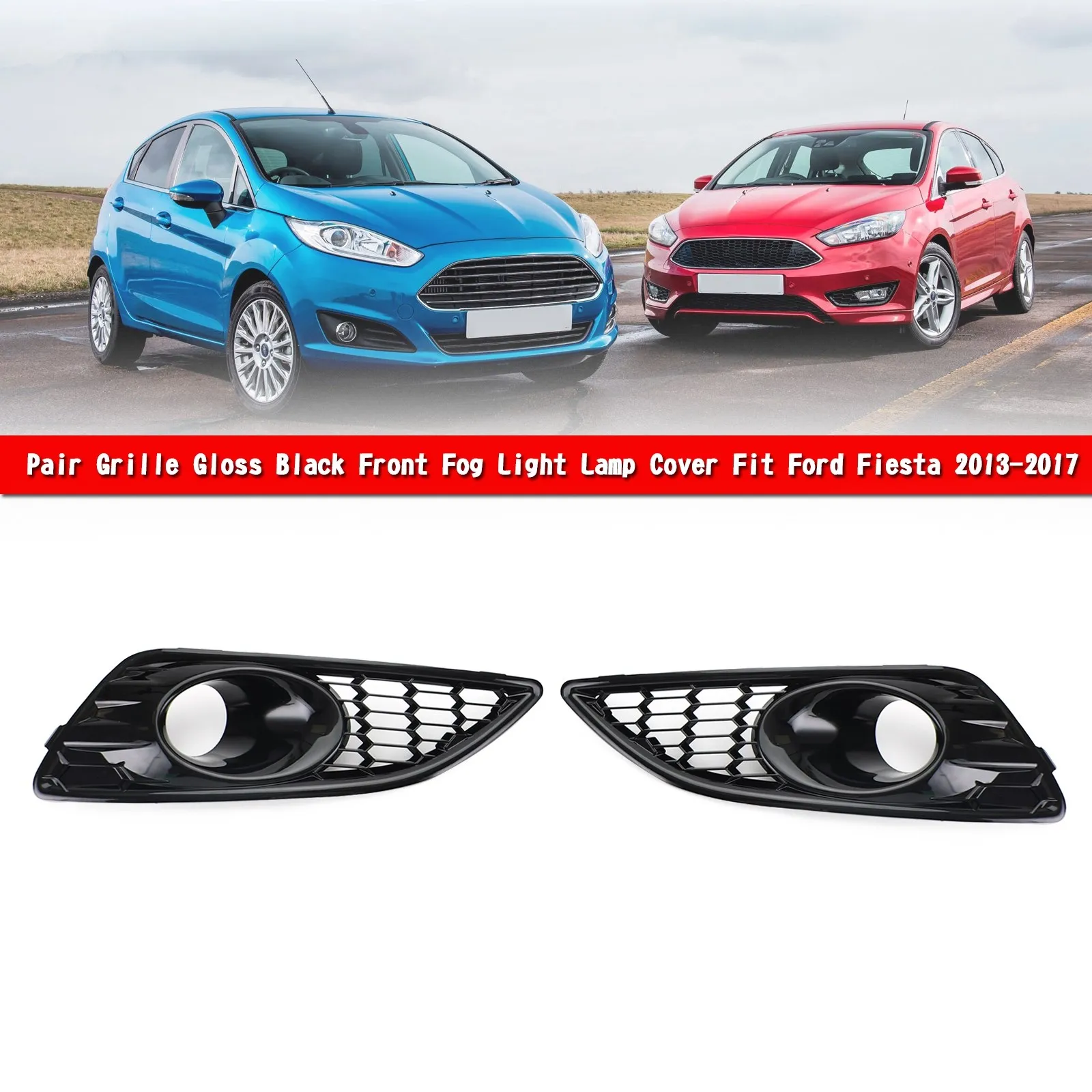 Areyourshop 1 Pair Grille Gloss Black Front Fog Light Lamp Cover Fit For Ford Fiesta 2013-2017 C1BB15A298AA C1BB15A299AA Car