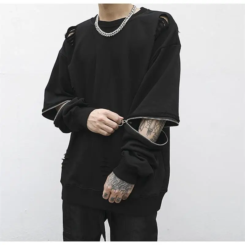 Men's new European and American hip-hop street zipper design ripped hole go with everything fashion trend large size pullover