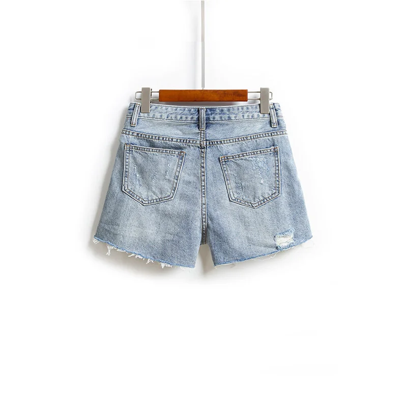 

Summer Womens Wide Leg Shorts Loose Preppy High Waist Denim Shorts Femme Street Style Tassel Hole Ripped Hot Pants Light Blue