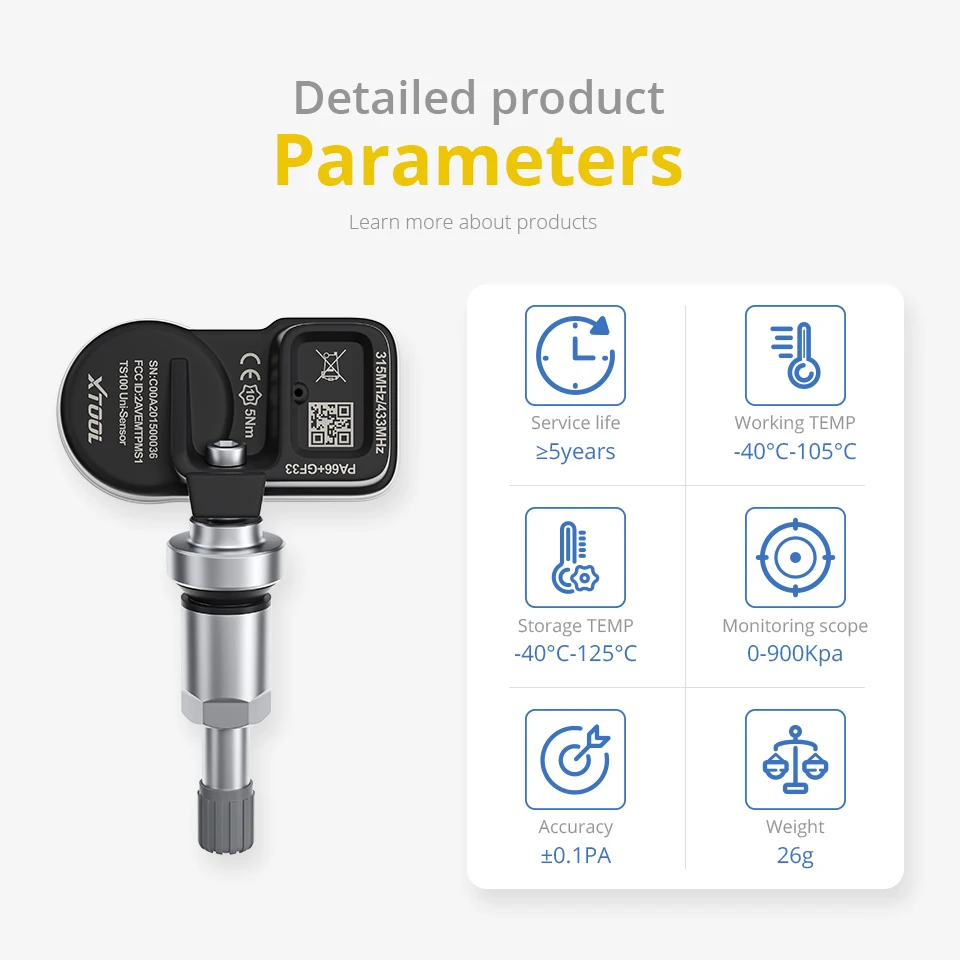 XTOOL TS100 TPMS Tire Pressure Sensor 433 315MHz 2 in 1 Programmable Sensor Work With TP150 TP200 Universal Tyre Repair Tools