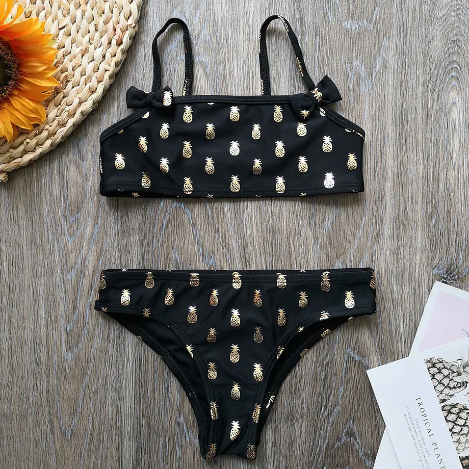 2-8 Years Girl Swimsuit Kids Swimwear Gold Pineapple Stamping Toddler Girl Bikini Set Two Piece Children's Swimwear Infant Girl