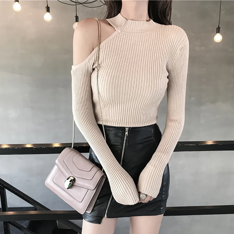 shintimes Off Shoulder Sweater Women Turtleneck Pullovers Long Sleeve 2021 Fall Winter Slim Sexy Knitted High Elastic Pull Femme