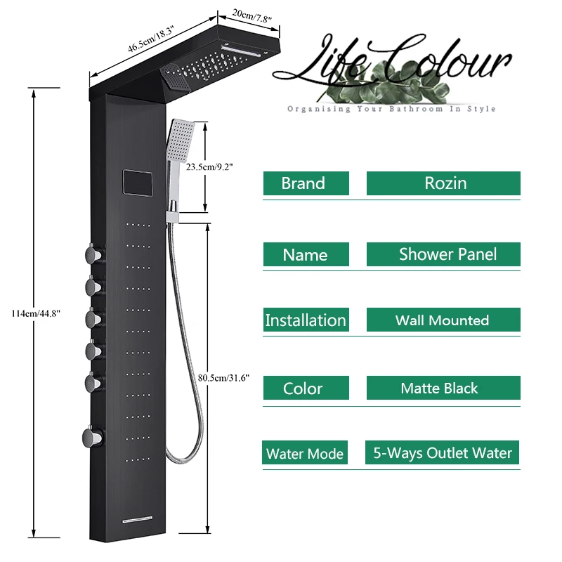 Rozin Black Bathroom Shower Panel LED Shower Column with Digital Display Brushed nickel Rainfall Shower Faucets 5 Mode Mixer Tap