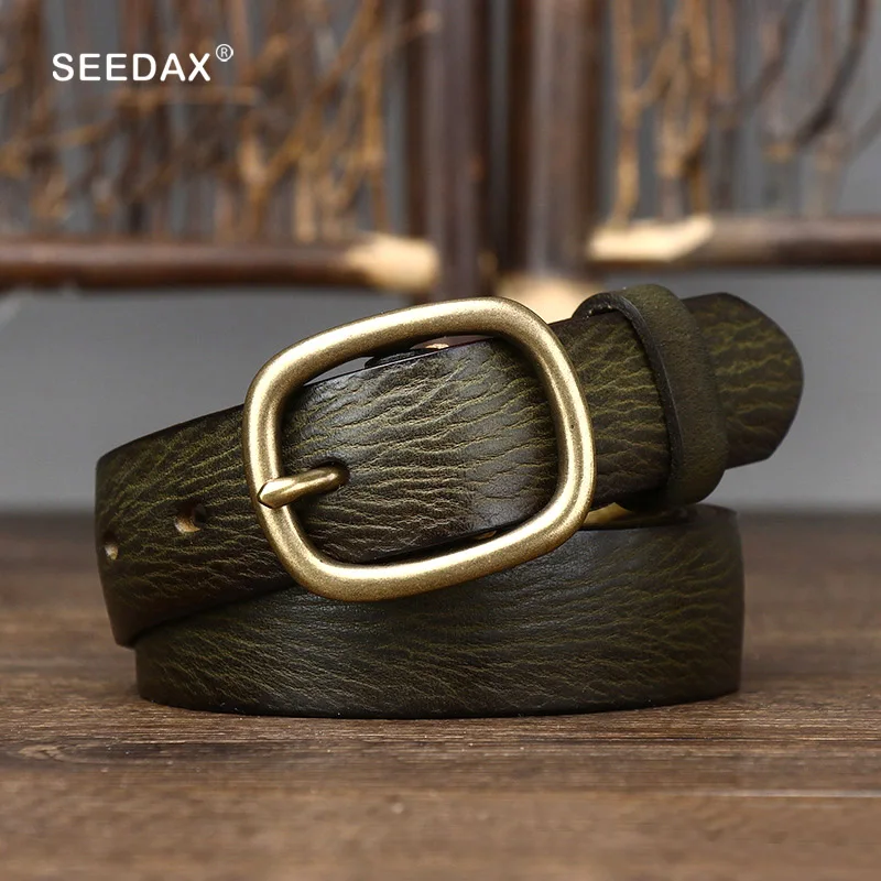 Seedax Women Real Genuine Leather Belt Lady Pants Fashion Dress Casual Jeans Waist Belt Pure Copper Pin Buckle 2.8cm Width