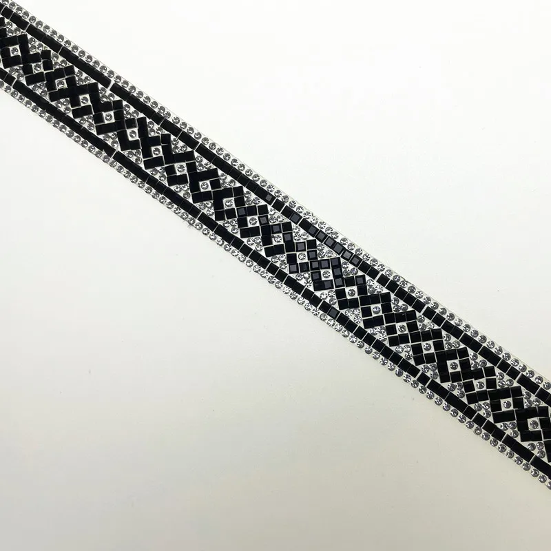 1 Yard Silver Black Hot Fix Rhinestone Glass Ribbon Crystal Motif Lace Trim Tape Decorative Shoes Clothing Accessories YY040