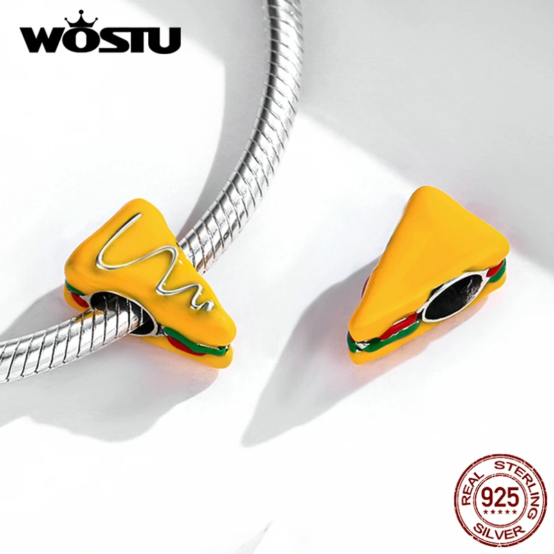 WOSTU-abalorio de plata de ley 925 con forma de sándwich, hamburguesa, queso, Pizza, colgante de cuentas compatible con Pulsera Original, collar para joyería de mujer