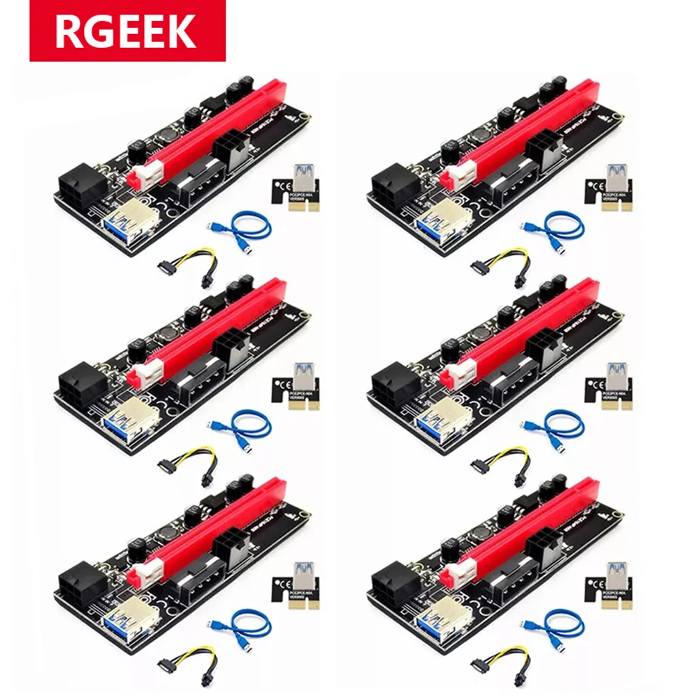 RGEEK 6pcs VER009 USB 3.0 PCI-E Riser VER 009S PCI Express 1x 4x 8x 16x Extender Adapter Card to SATA 15Pin to 6 Pin Power Cable