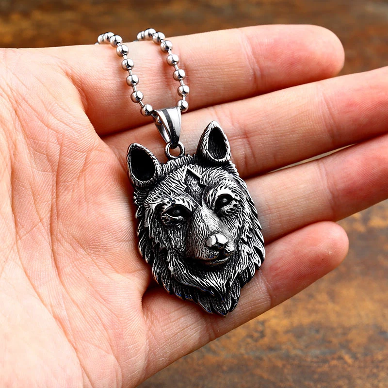 Vintage Mens Viking Pendant Necklace Wolf Head Punk Fashion Stainless Steel Viking Wolf Head Necklace Pendant Jewelry Chain