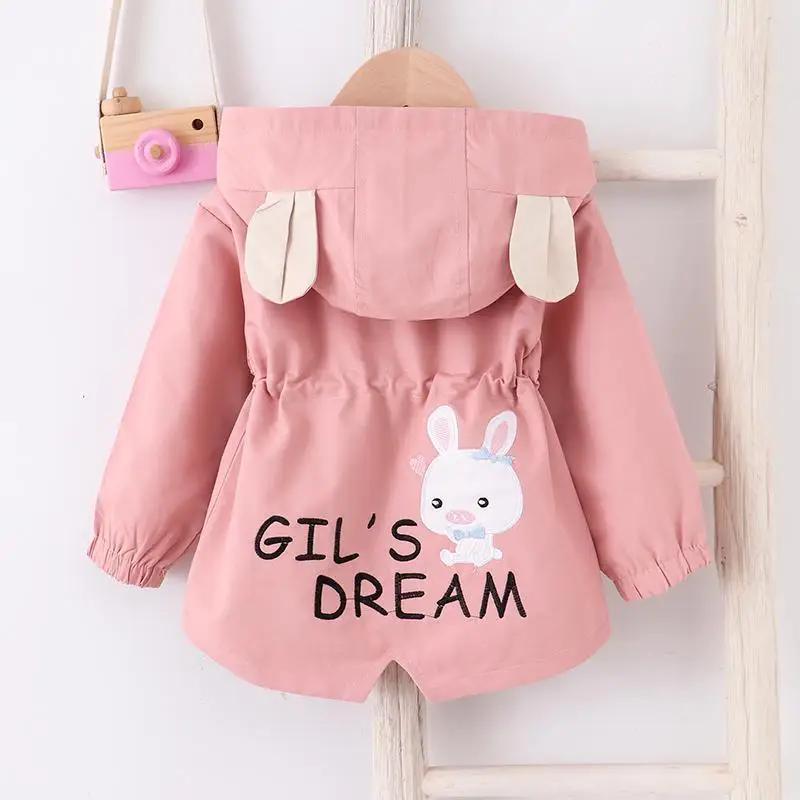 Autumn Casual Long Windbreaker Coat For Girls Cute Rabbit Baby Jacket Hooded Children\'s Outerwear 1-7 Years Toddler Girl Clothes