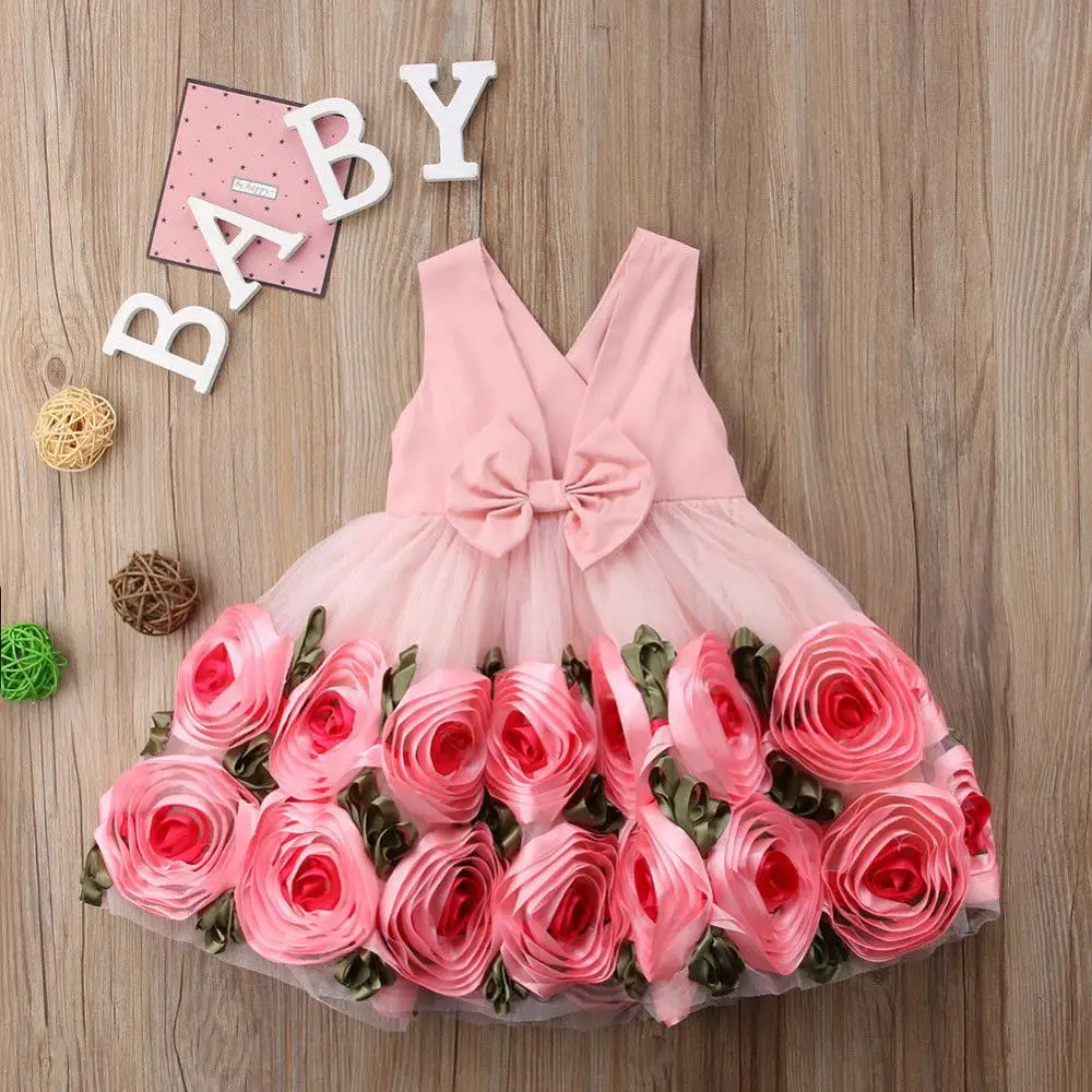 Girls Dress Elegant 3D rose Princess Children Party Dress Wedding Gown Kids Dresses for Girls Birthday Party Dress Vestido Wear