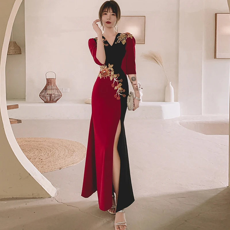 

Burgundy Embroidery Evening Dress V-Neck Half Sleeves Mermaid Sexy Ankle-Length Zipper Back New Woman Formal Party Gowns A1604