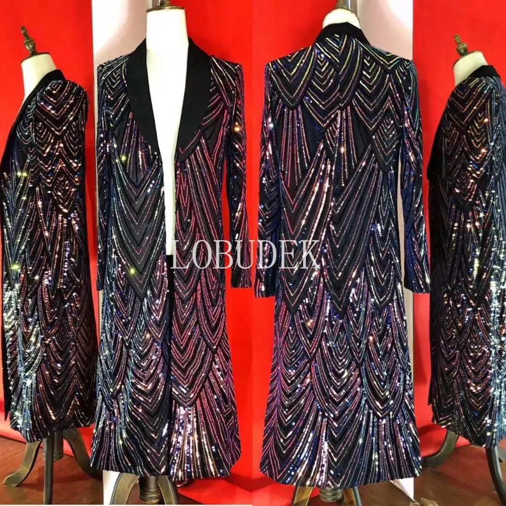 Reflective Sequins Faux Fur Overcoat Purple Blue Sequined Long Coat Cloak Bar Nightclub Concert Male Singer Performance Costume