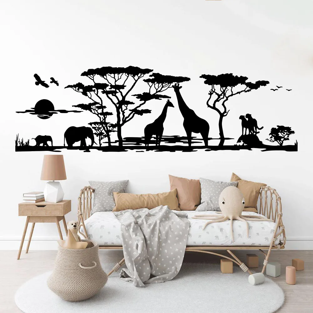 Large Africa Savannah Animals Tree Wall Sticker Living Room Bedroom Giraffe Bird Elephant Safari Jungle Wall Decal Kids Room