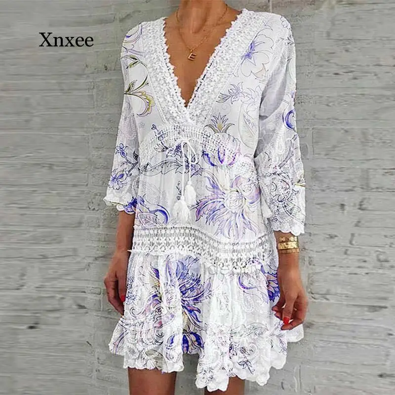 

Casual Floral Lace V Neck Summer Dress Women Three Quarter Sleeve Tassel Party Elegant Floral Print Hollow Out Dresses Boho