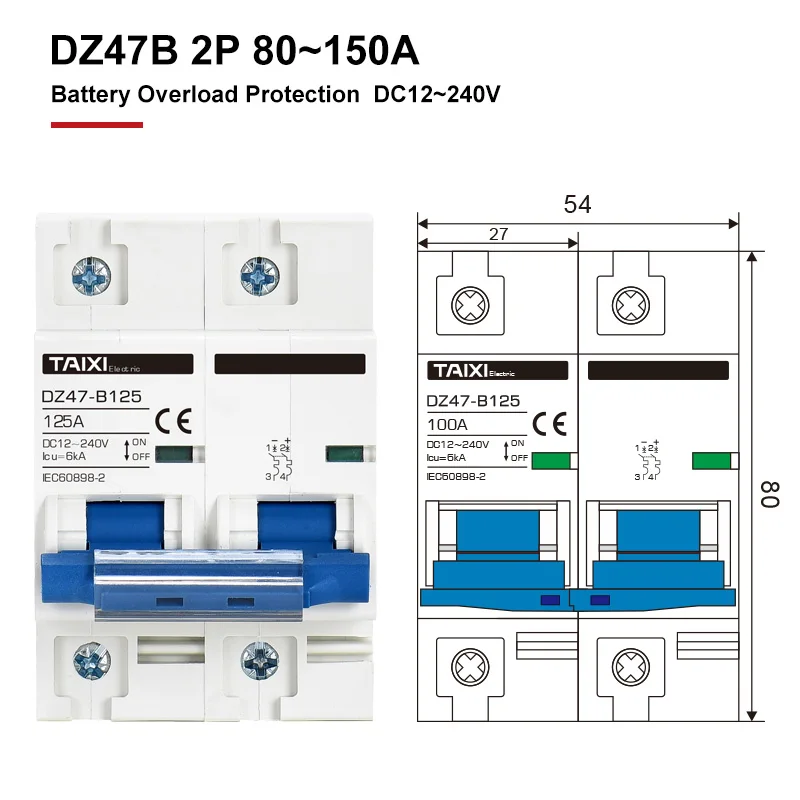 DZ47B Miniature Circuit Breaker DC 12V 24V 36V 48V DC MCB Battery Car Protector 6A-150A Air Switch Din Rail Mount