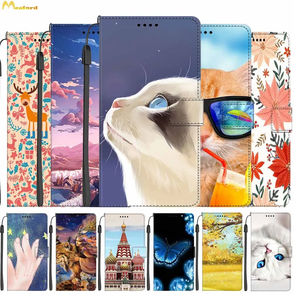 Leather Cases For iPhone 12 PRO MAX Flip Cover Luxury Wallet Phone Bags For Iphone 12 Mini Case Cute Cats Wolf Printed Fundas