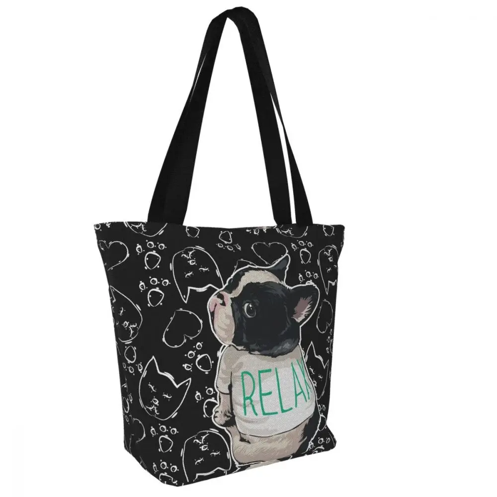 French Bulldog Pattern Ladies Handbags Cloth Tote Bag Black Shopping Women Eco Reusable Shoulder Shopper Bags bolsas de tela