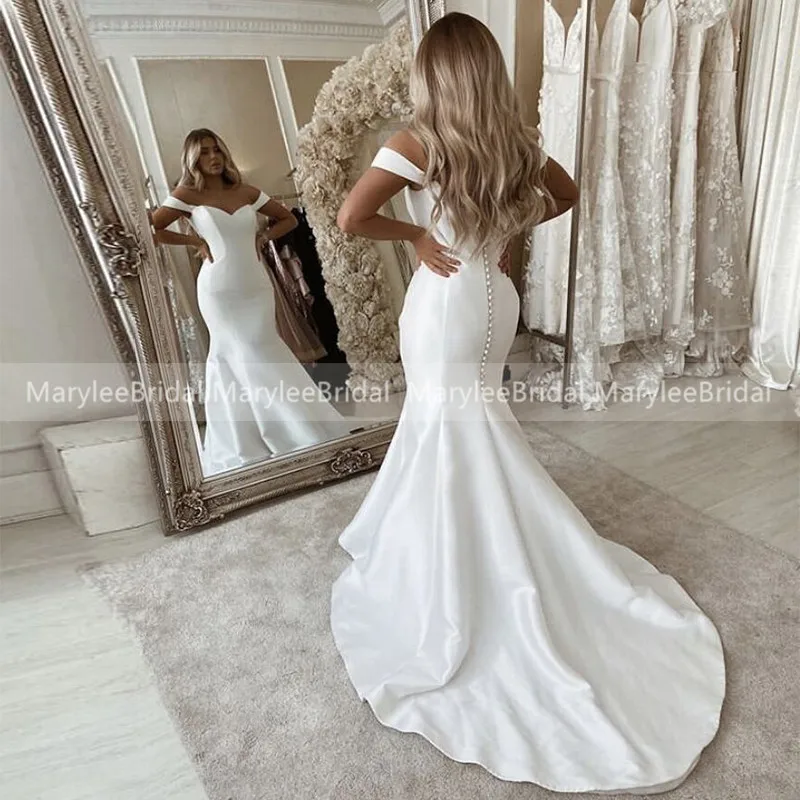 Robe de mariée sirène en Satin blanc, à épaules dénudées, avec traîne, fermeture éclair avec boutons,robe de soirée de mariage