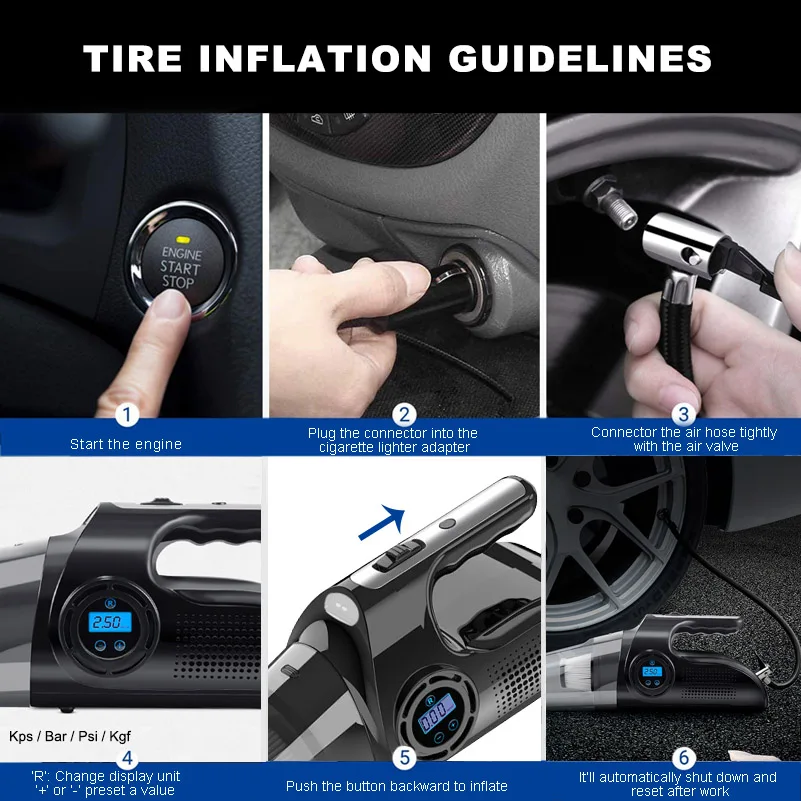 GRIKEY 4 In 1 Car Vacuum Cleaner For Car Inflator Tire Pressure Gauge Cord Vacuum Cleaner Car Air Compressor Digital Display