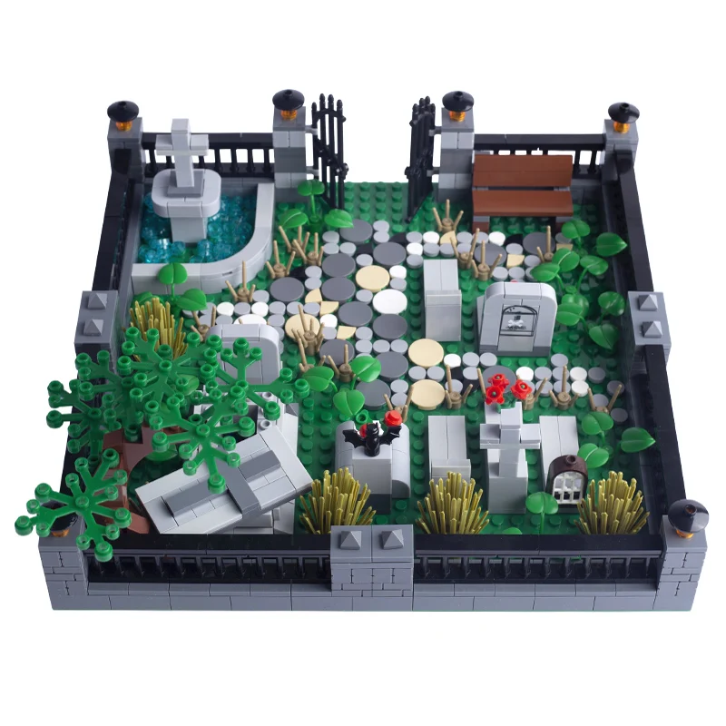 MOC Halloween Cemetery Building Blocks City Ghost Zombie Figures Skeleton Grass Rose Animal Accessories Bricks Toys Friends Gift