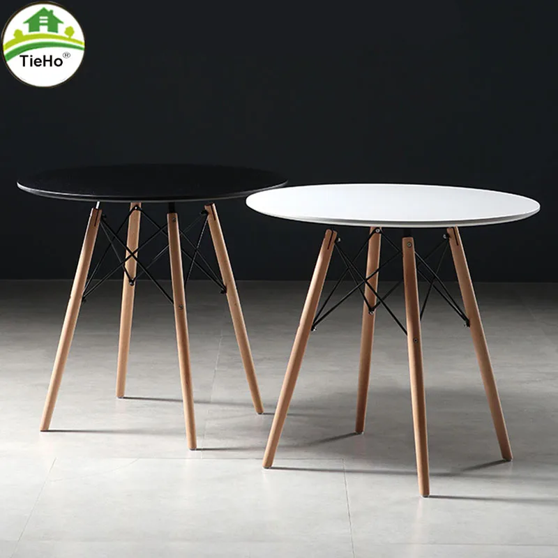 TieHo Nordic Style Round Dining Tables Leisure Modern Table Solid Wood 4 Legs Tables Black White Diameter 90/100/120cm